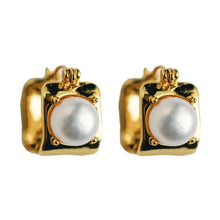 Load image into Gallery viewer, Vintage Mini Square Gold Pearl Huggie Hoop Earrings
