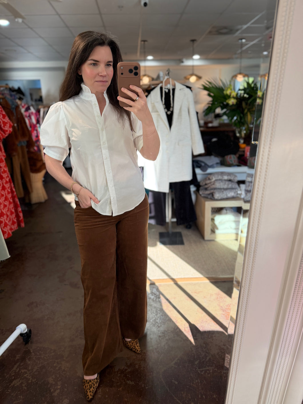 Solid Ruffle Neck Poplin Puff Slv Top