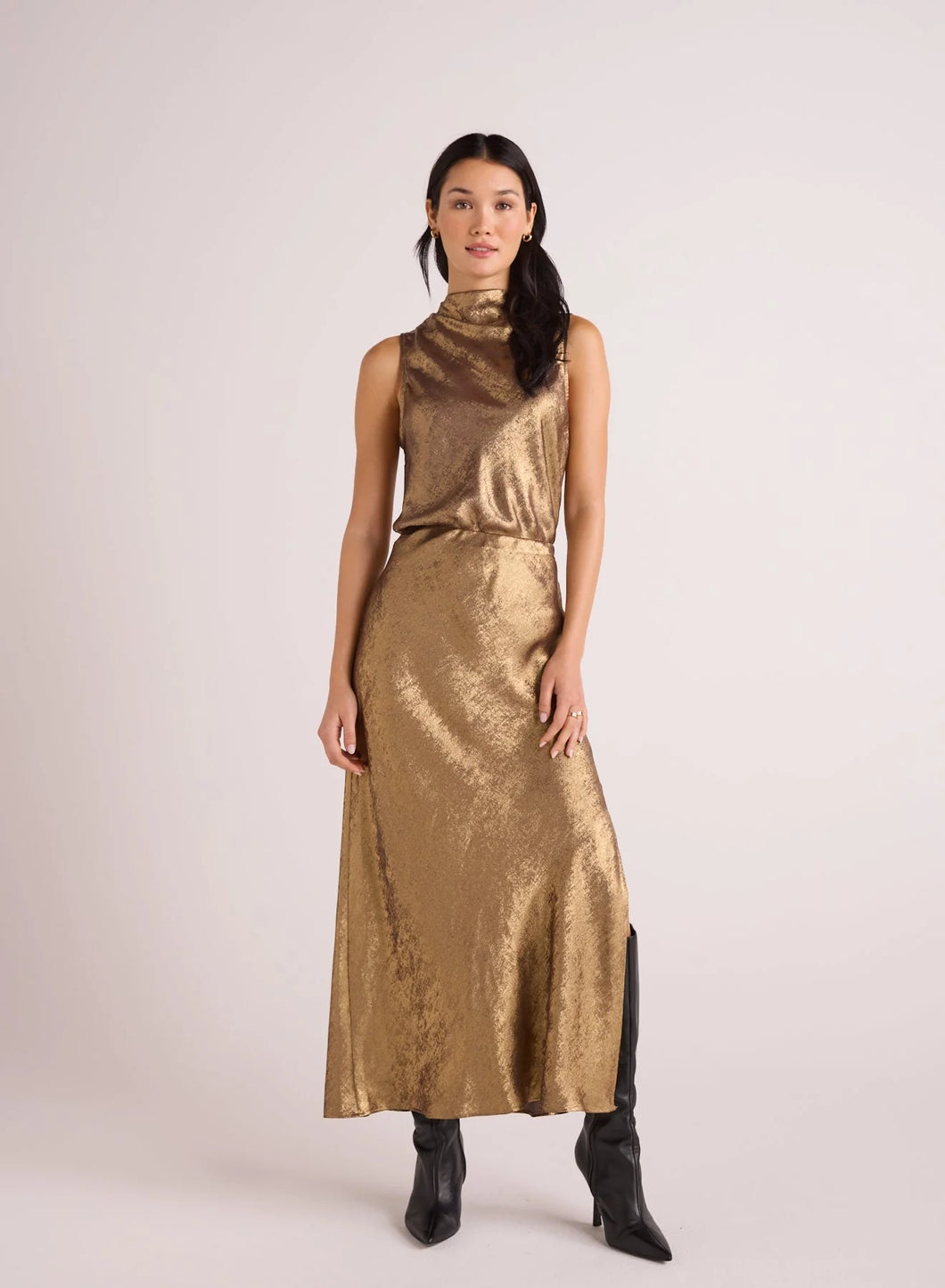 Metallic Side Slit Bias Skirt