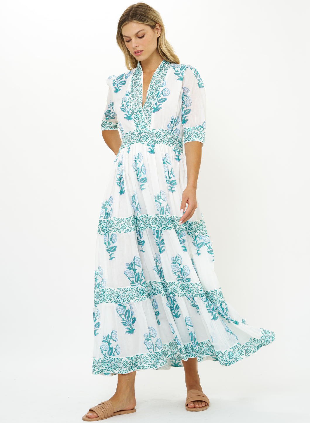 Salvia V Neck Cuffed Maxi