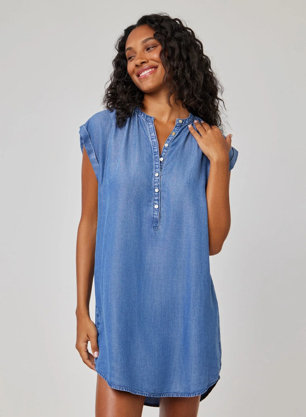 Denim Cap Sleeve Henley Dress